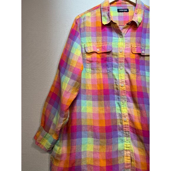 Lands' End Women's Button Down Linen Shirt Long Sleeve Multicolor Check Pockets - Picture 5 of 12